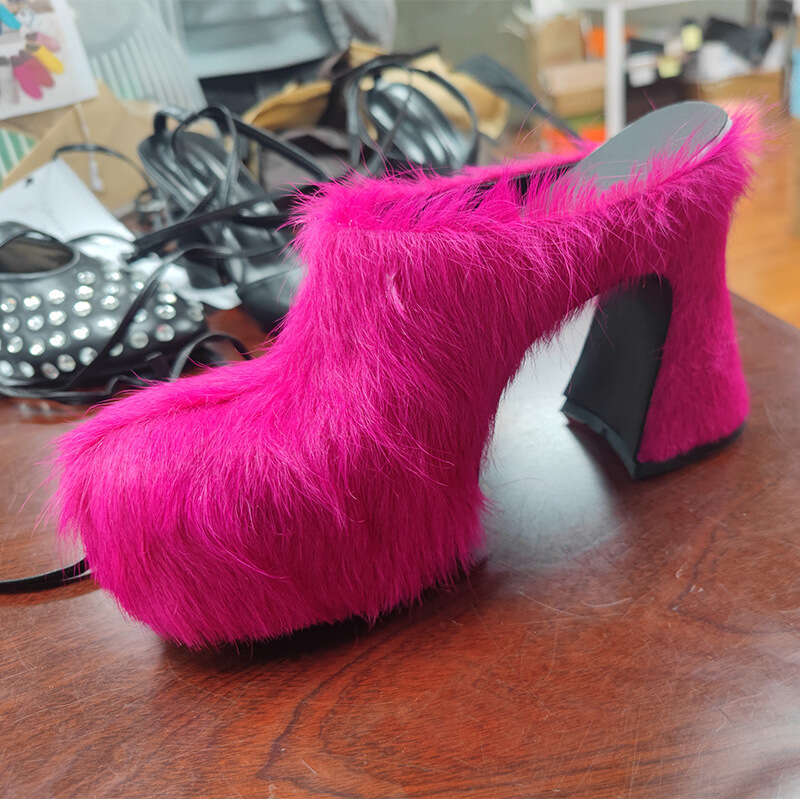 2025 New Foreign Trade Style Closed-Toe Horsehair Chunky Heel Waterproof Mules Thick Sole Platform Plus Size Women's Shoes