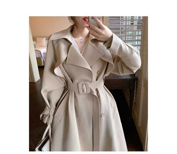 Women High-end Khaki Trench Coat Spring Autumn New Ladies Cloak Wear A Belt Satin Fabric Lined Trench Coat Female WindbreakersT251226