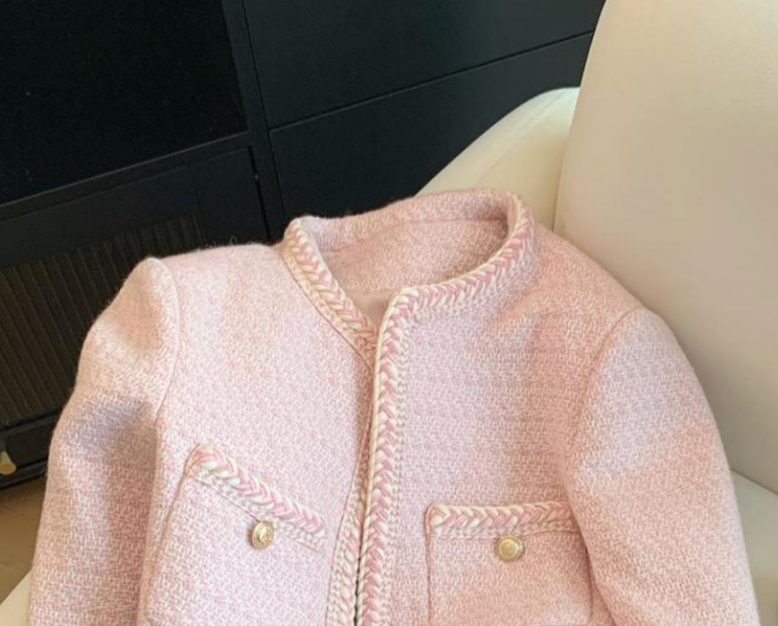Elegant Tweed Jacket Women Sweet Cropped Pink Coat Winter Korean Single Breasted Blazer Ladies Vintage Short Outerwear
