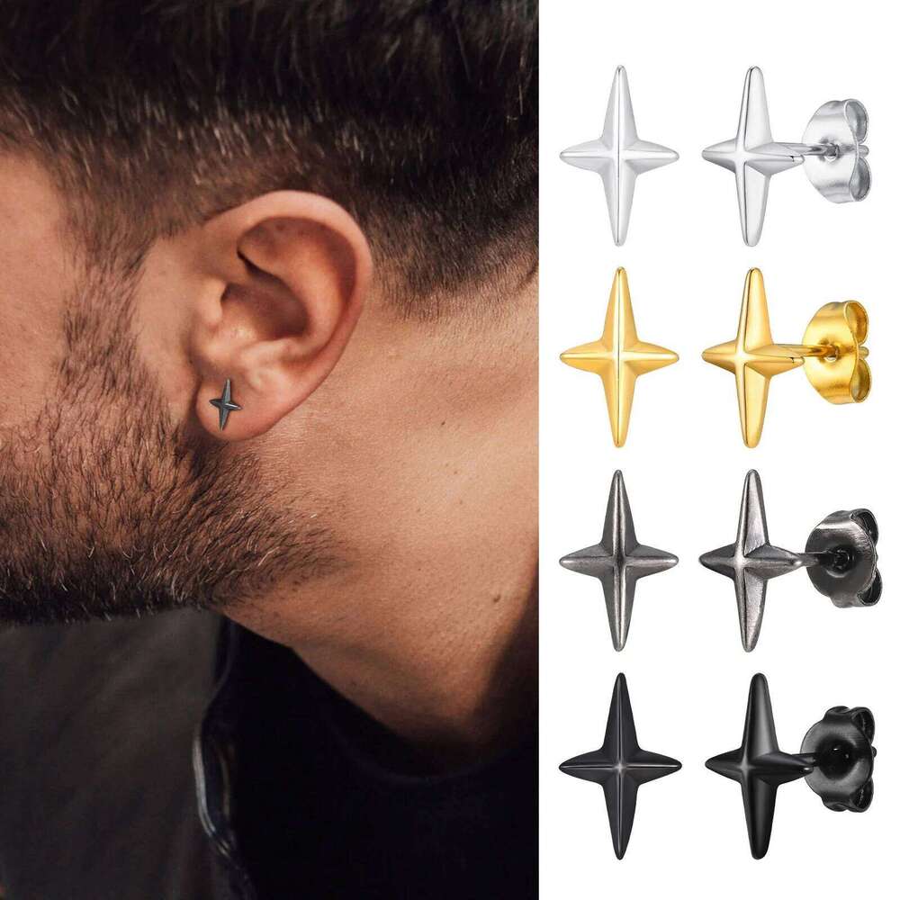 Black Stud Earrings for Men Boys,Stainless Steel Four Point Star Earring,Trendy Hiphop Jewelry 25H1226