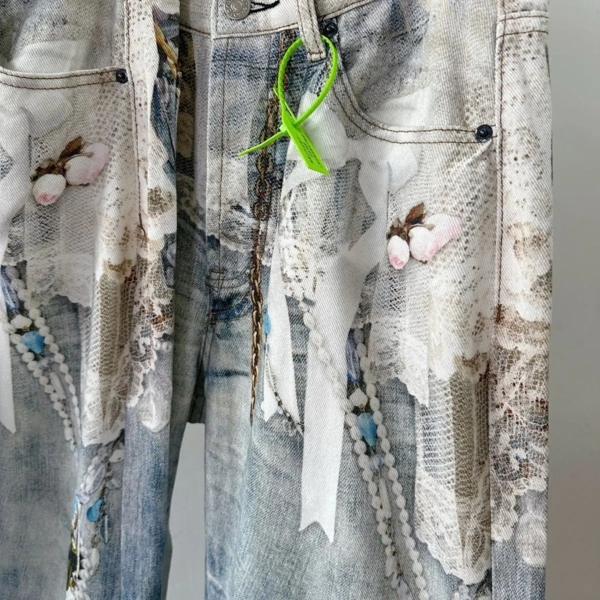 American retro jeans y2k lace pearl chain 3D printed straight scimitar for men and women loose couple trousers 251226