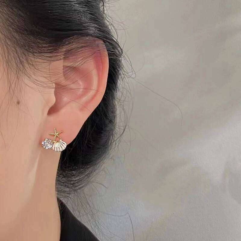 Fashion Asymmetric Ocean Style Earrings Stud For Women Starfish Shell Earring Ear Ring Imitation Pearl Zircon Jewelry Gift 25H1226