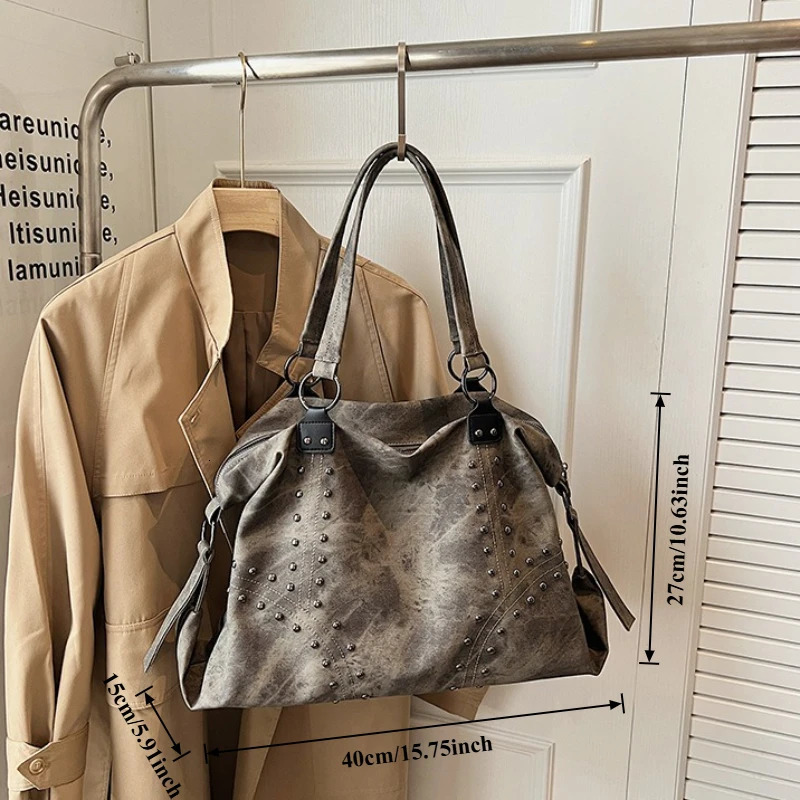 Womens Autumn/Winter Retro Shoulder Bag with Riveted Sequins Handbag Multi Functional Large Capacity Travel Tote Bag 251223