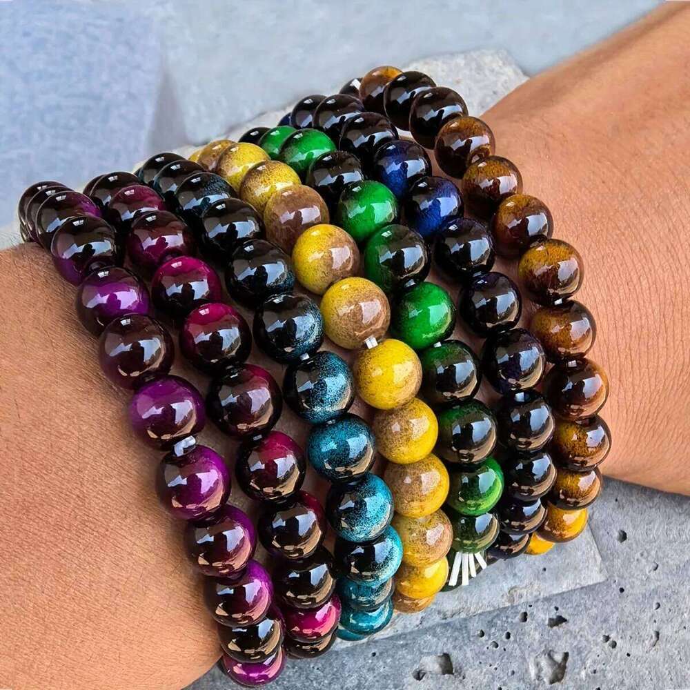 7pcs Glass Colorful Tiger Eye Women Men Couple Good Luck String Beads Braided Bracelet Bangles Unisex Gifts Fo 25T1226