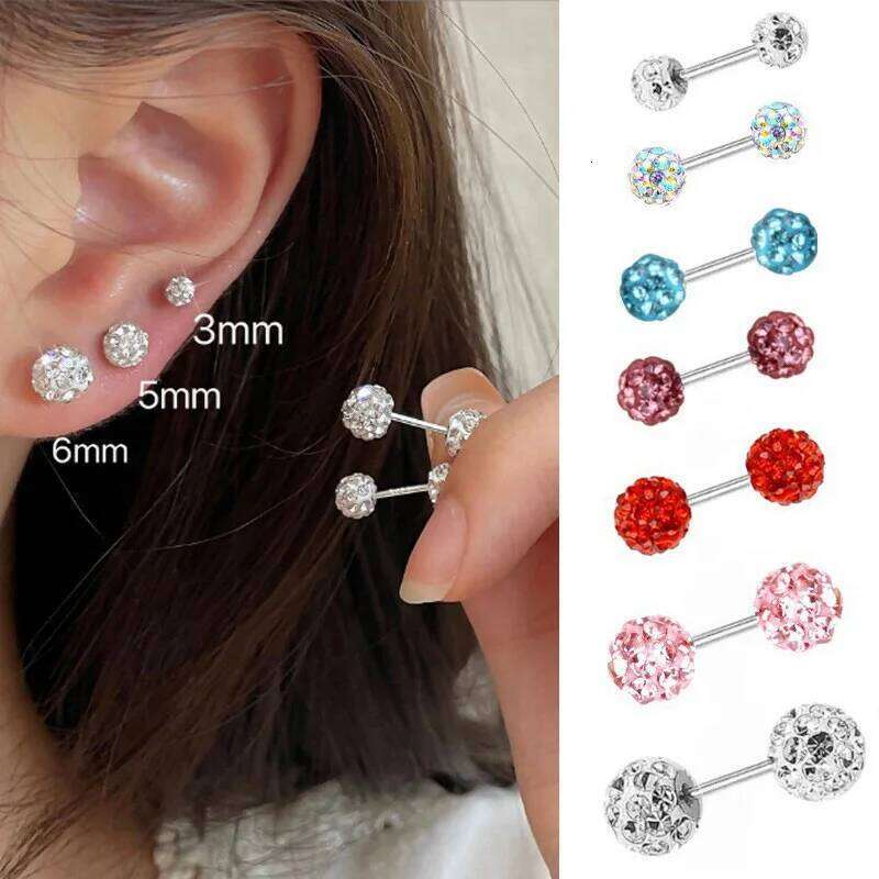 1Pair Double-sided Shiny Crystal Ball Earrings Surgical Steel Disco Balls Hypoallergenic Tragus Helix Barbell Piercing Jewelry 25H1226