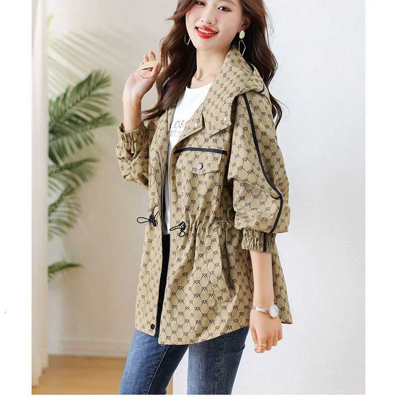 2024 Spring Autumn Korean High-grade Casual Hooded Windbreaker Women Loose Temperament Fashion Print Trench Coat Female OutcoatT251226