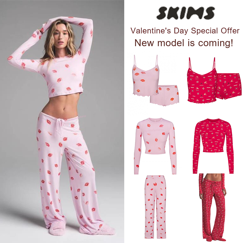 Skims Women Clothes Valentines Day exclusive SKIMS style SLEEP pajama set for home wear long sleeved pants halter top shorts set