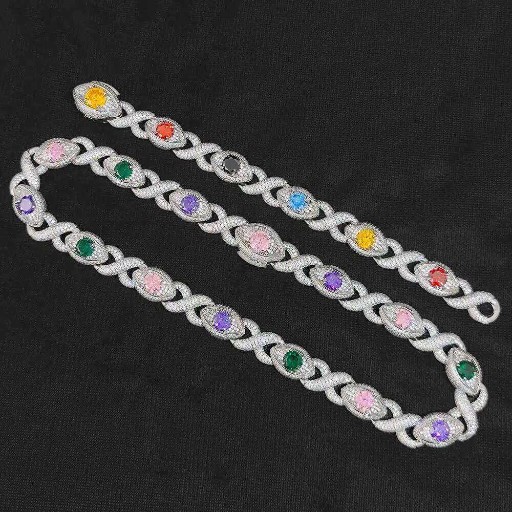 Fashion Hip Hop Punk Evil Style 15mm Iced Out Cubic Zircon Colour Eye Infinity Chain Necklace Hiphop Bracelet Jewelry