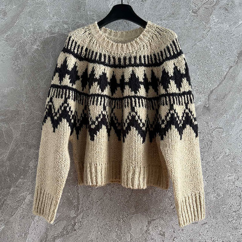 Ladies Fair Isle Jacquard Knit Sweater Designer Vintage Oversized Pullover Crewneck Long Sleeve Cotton Blend Christmas Party Warm Elegant Top Women S1