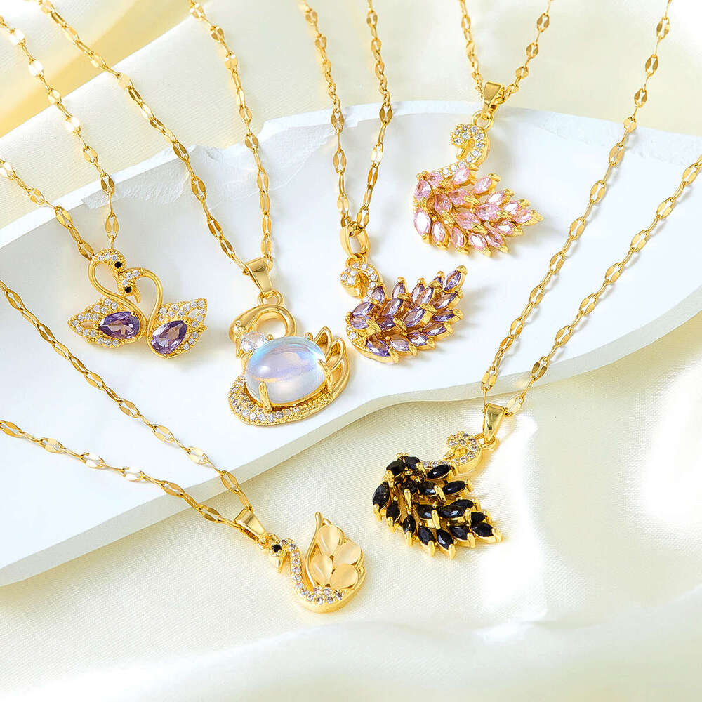 Fashion Jewelry Micro-Inlaid Zircon Swan Titanium Steel Necklace for Women Summer Light Luxury Niche Design Versatile High-End Clavicle Chain Jewelry