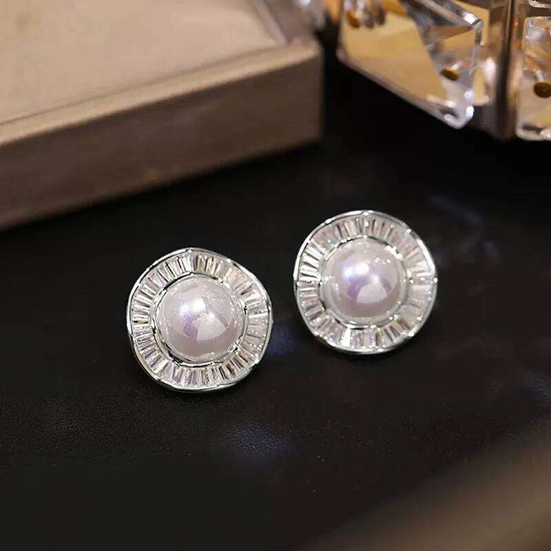 Huitan Irregular Round Shaped Simulated Pearl Stud Women Silver Color Modern Lady's Daily Wear Earrings Fashion Jewelry