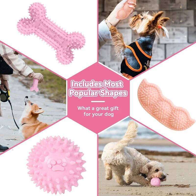 Dog Chew Toys Cleaning Teeth Pink Soft Rubber Bone Funny Ball Interactive Donut Treat Set for Small Medium Dogs Pet Gifts 25N1226