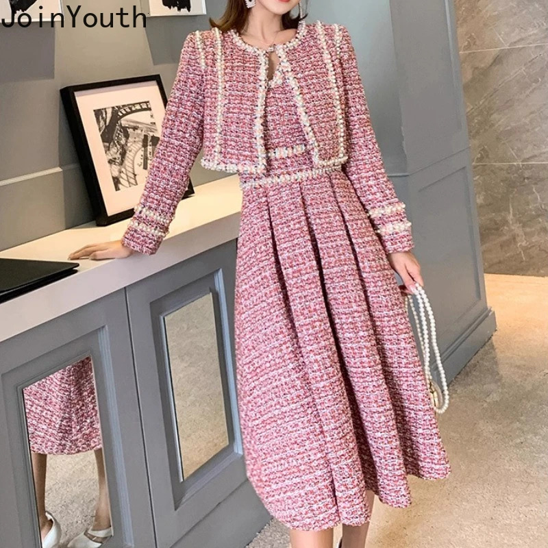 Elegant Suit Womens Clothing 2 Piece Sets Oneck Cropped Coat Slim Waist Aline Pleated Sing Dress Outfits Thicked Tweed Set 251211