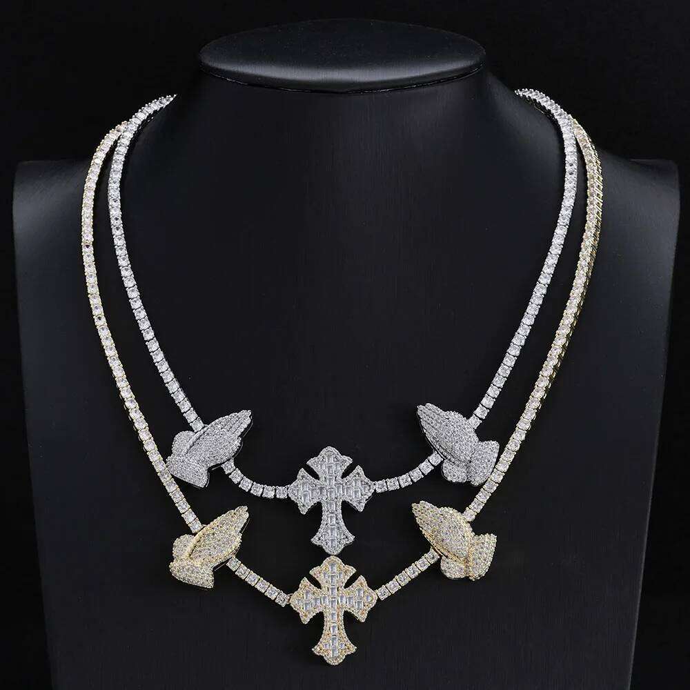 jewelry Hip Hop Necklace High Quality Sparkling 5A Cubic Zirconia Praying Hand Cross Charm Tennis Chain Dropshipping