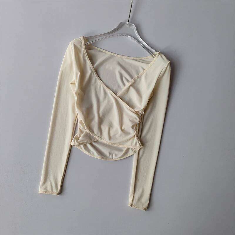 Sports T-shirt V-neck Mesh Breathable Prati Yoga Suit Cross Cover Long Sleeved Shirts Running Training Fitness Top Clothing 25T1226