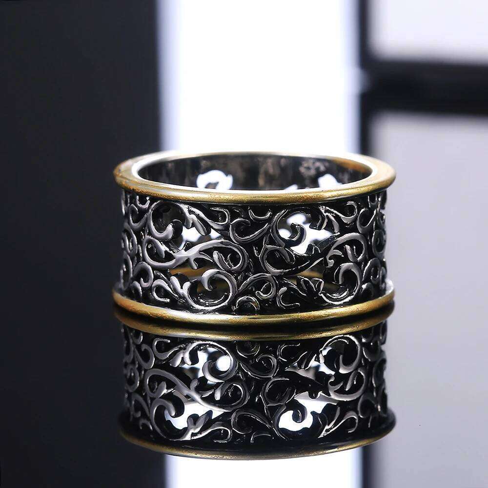 Huitan Vintage Pattern Rings Women Two Tone Punk Style Female Daily Wear Accessories Hip-hop Ring Retro Party Versatile Jewelry