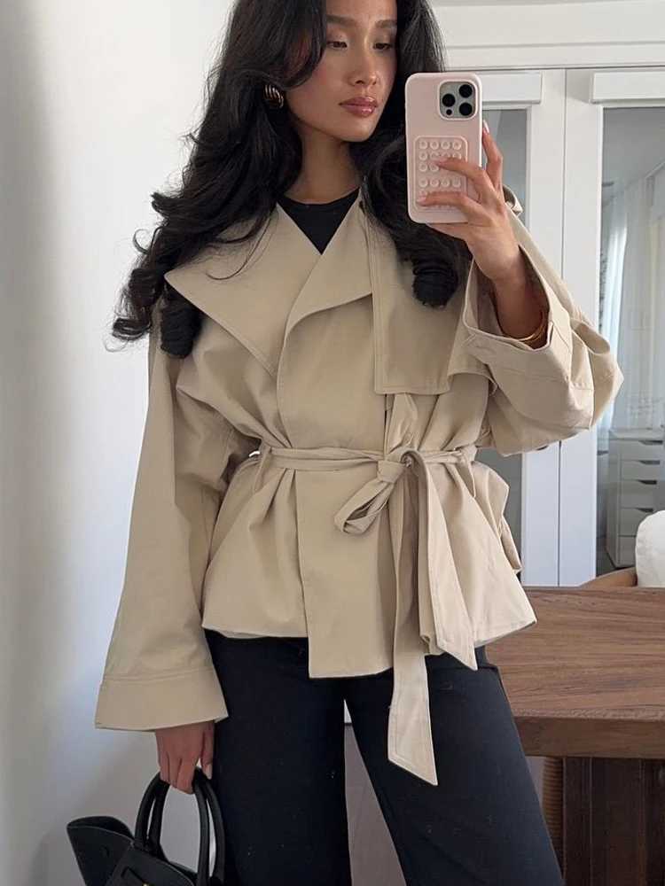 FSMG Casual khaki Lace Up Belted Waist Trench Coats Elegant Loose Lapel Full Sleeves Cropped Overcoat Lady High Street OuterwearT251226