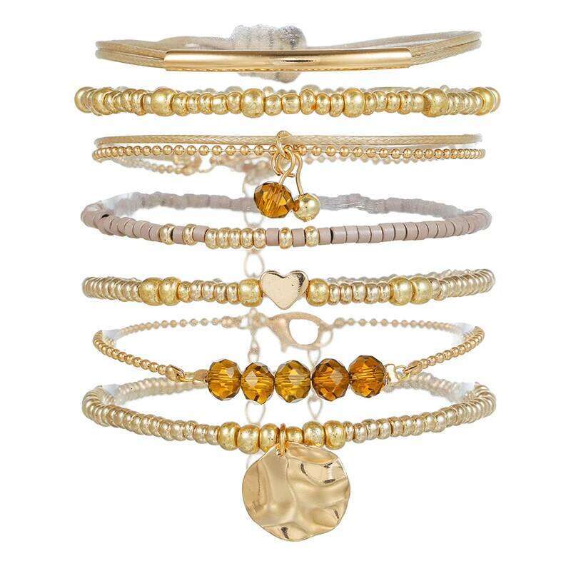 7Pcs Bohemian Heart Beads Round Pendant Bracelets For Women Elastic Beaded Stretchy Strand Chain Bangle Set Girl Party Jewelry 25T1226