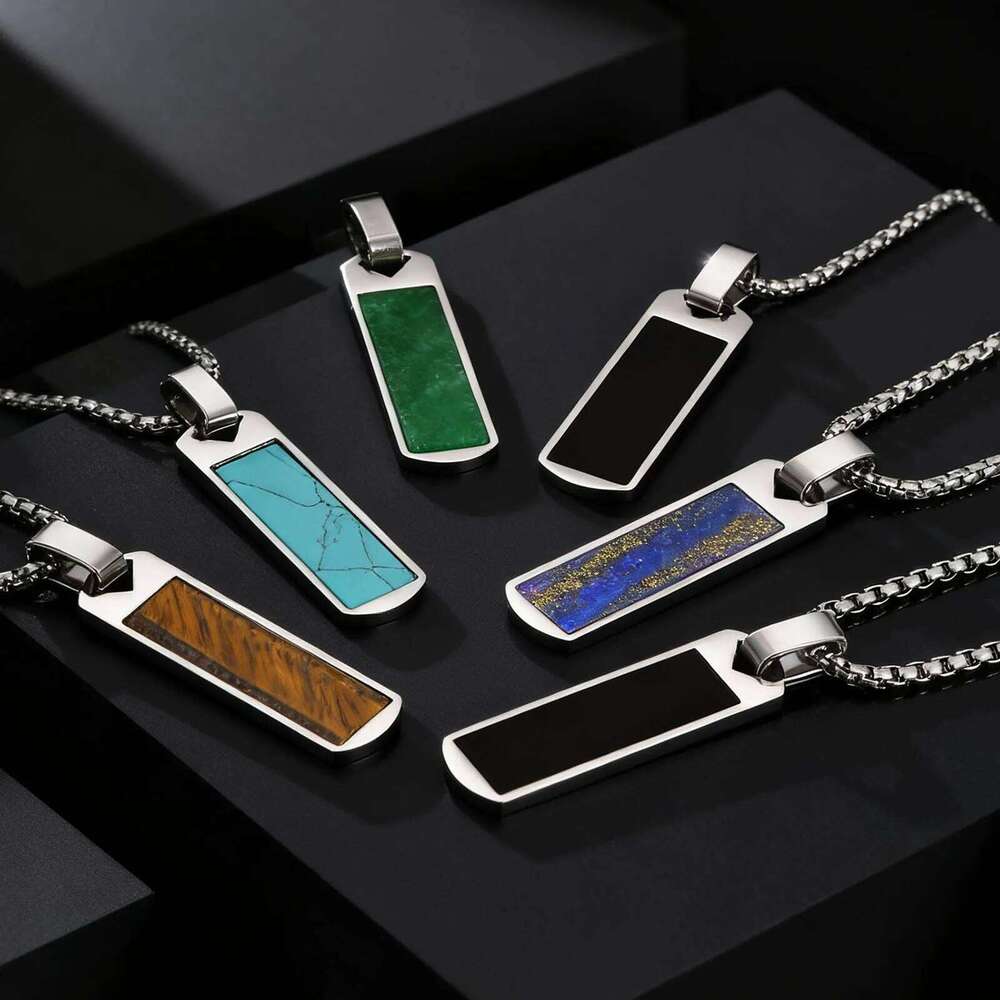 Natural Stone Healing Necklaces for Men,Stainless Steel Rectangular Pendant Necklace,Trendy Hip Hop Birthday Jewelry Gift 25N1226