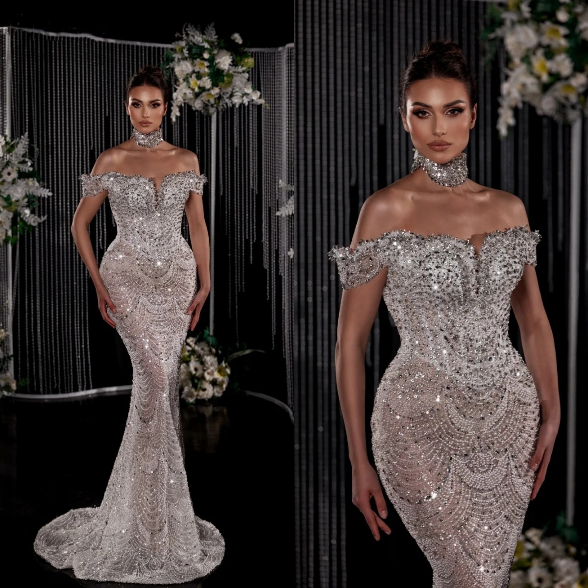 Exquisite Off Shoulder Wedding Dresses Beading Mermaid Bridal Gowns Pearls Rhinestone Illusion Customized Vestidos De Novia Plus Size