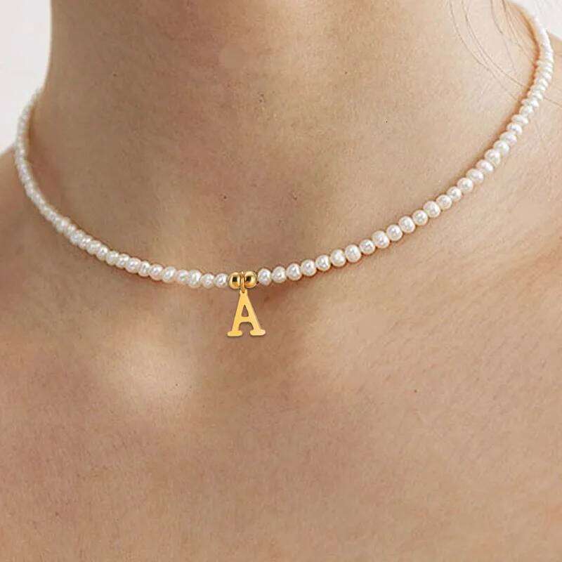 Golden Letters Initial Pendant Necklace Diy Name Simulated Pearls Bead Necklaces for Women Pearl Woman's Choker Jewelry Gift
