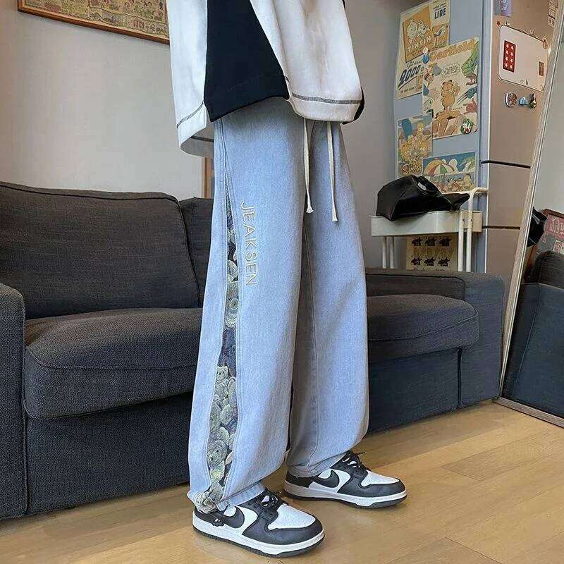 2023 Embroidered Bear Jeans Men's Spring Fall Straight Loose Plus Wide Leg Fashion Brand American High Street Casual Pants