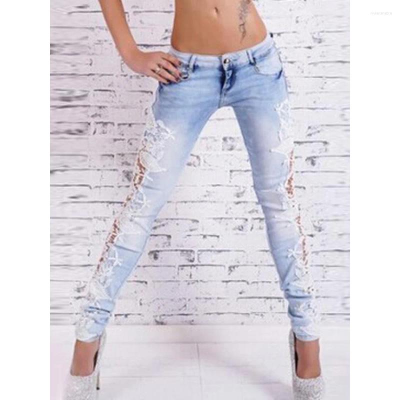 Women's Jeans Lace Spliced Hollow Out Blue For Women Chic Fashion Slim High Waisted Vintage Skinny Pencil Pants Z260313