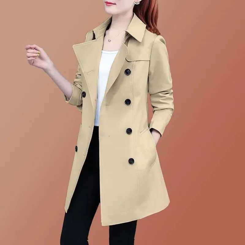 2025 New Trench Coat Midi Length Fashion Korean Elegant Khaki Black Loose Womens Windbreaker Coat Casual Double Breasted TopsT251226