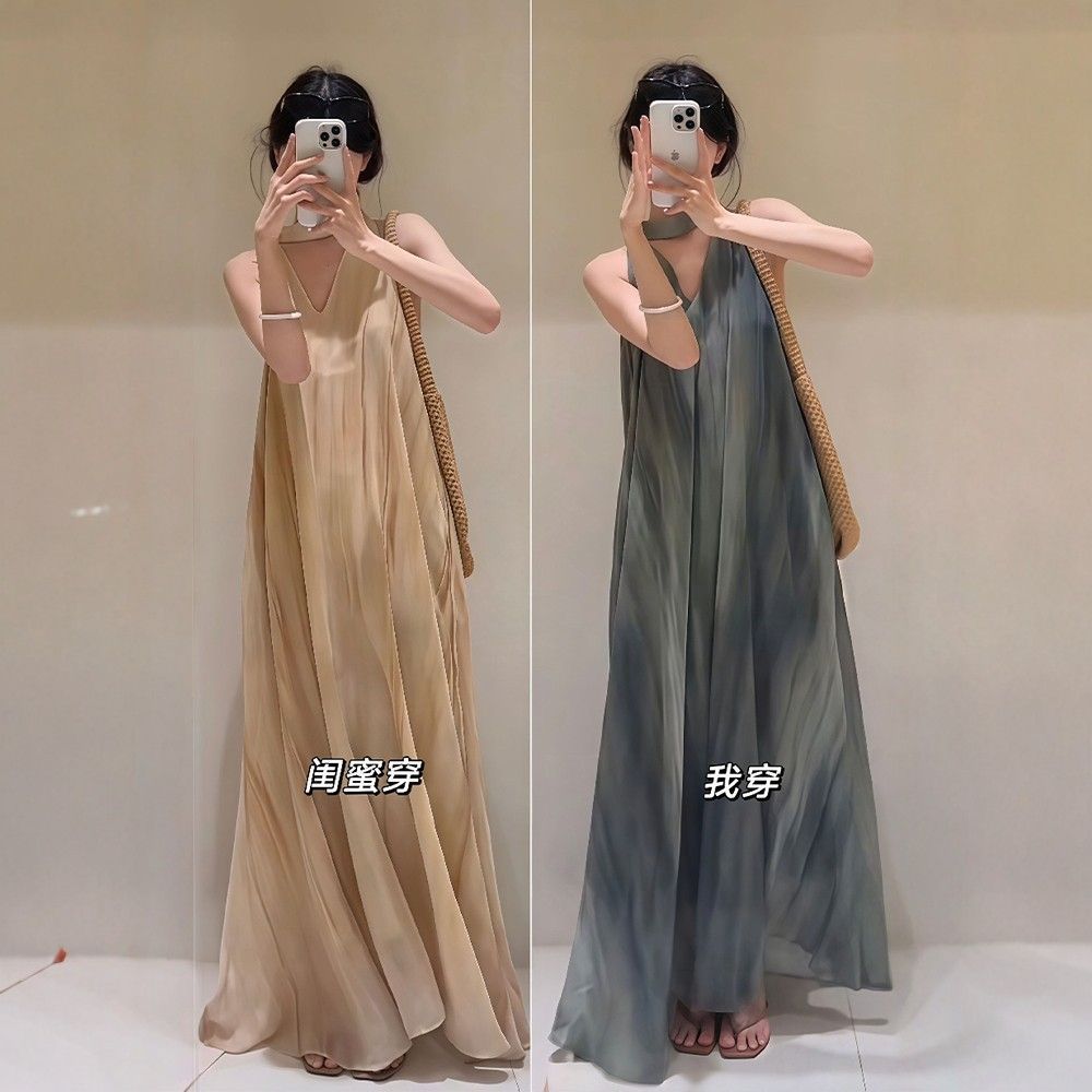A0070 French v-neck sleeveless neck dress women's summer large size fat mm vacation style beautiful streamer long skirt