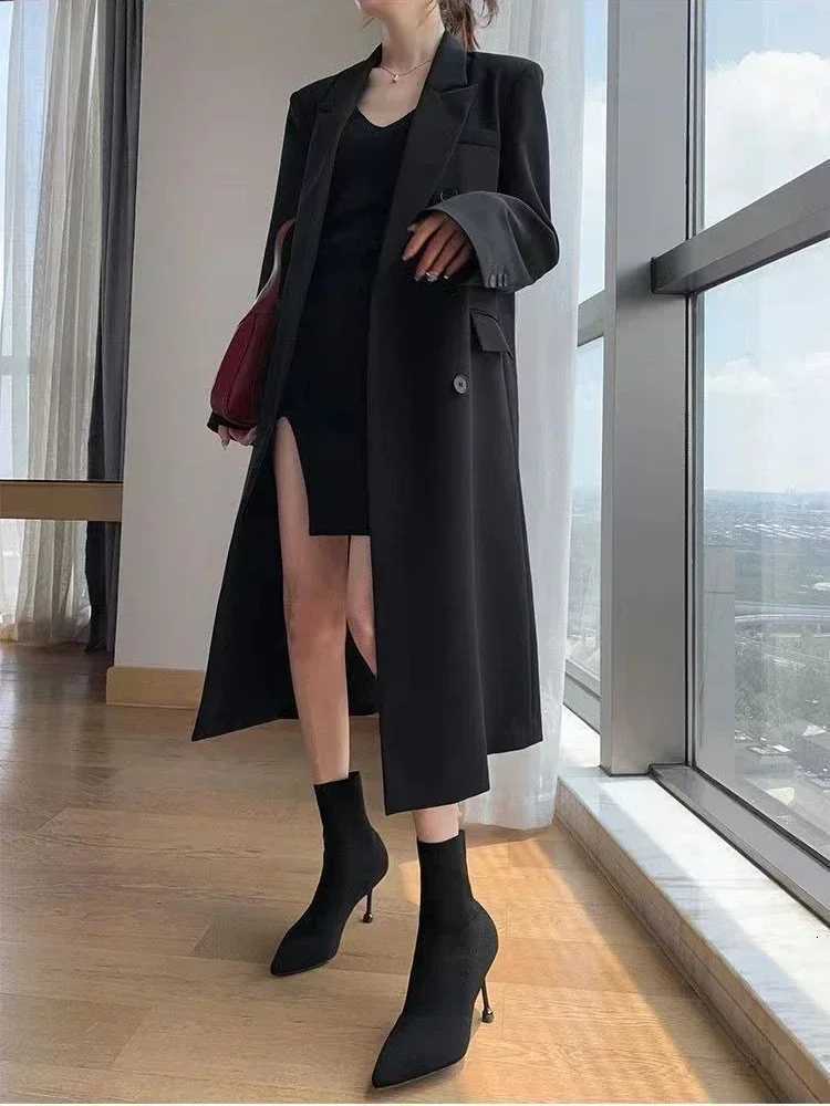 Trench Coat for Women Suit Collar Double-breasted Solid Color Long Coat Elegance Office Lady Jackets Autumn Winter Clothes WomenT251226