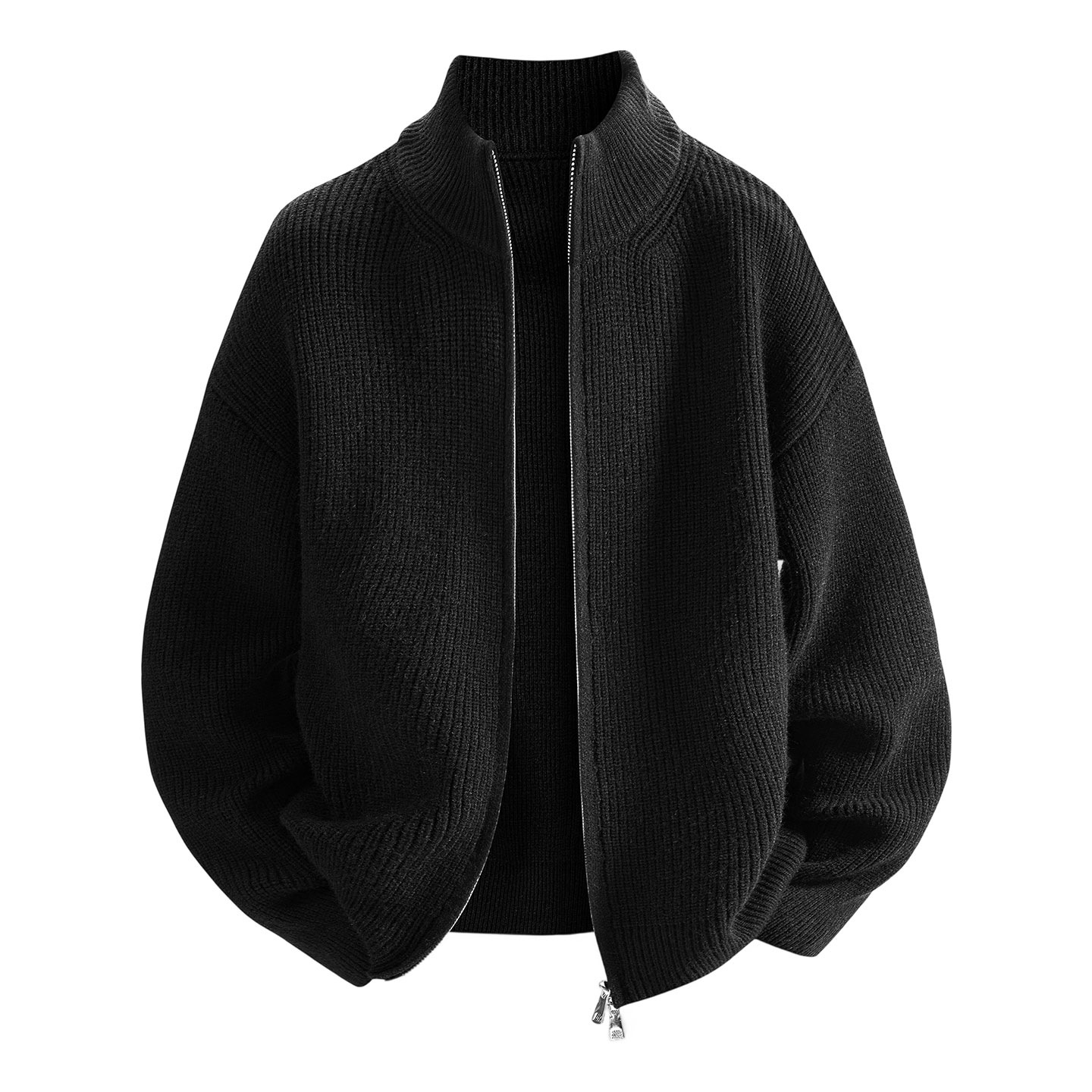 Men's Solid Color Zip-Up Cardigan Sweater, Autumn & Winter Bestseller, Loose-Fit Stand-Up Collar Streetwear Jacket