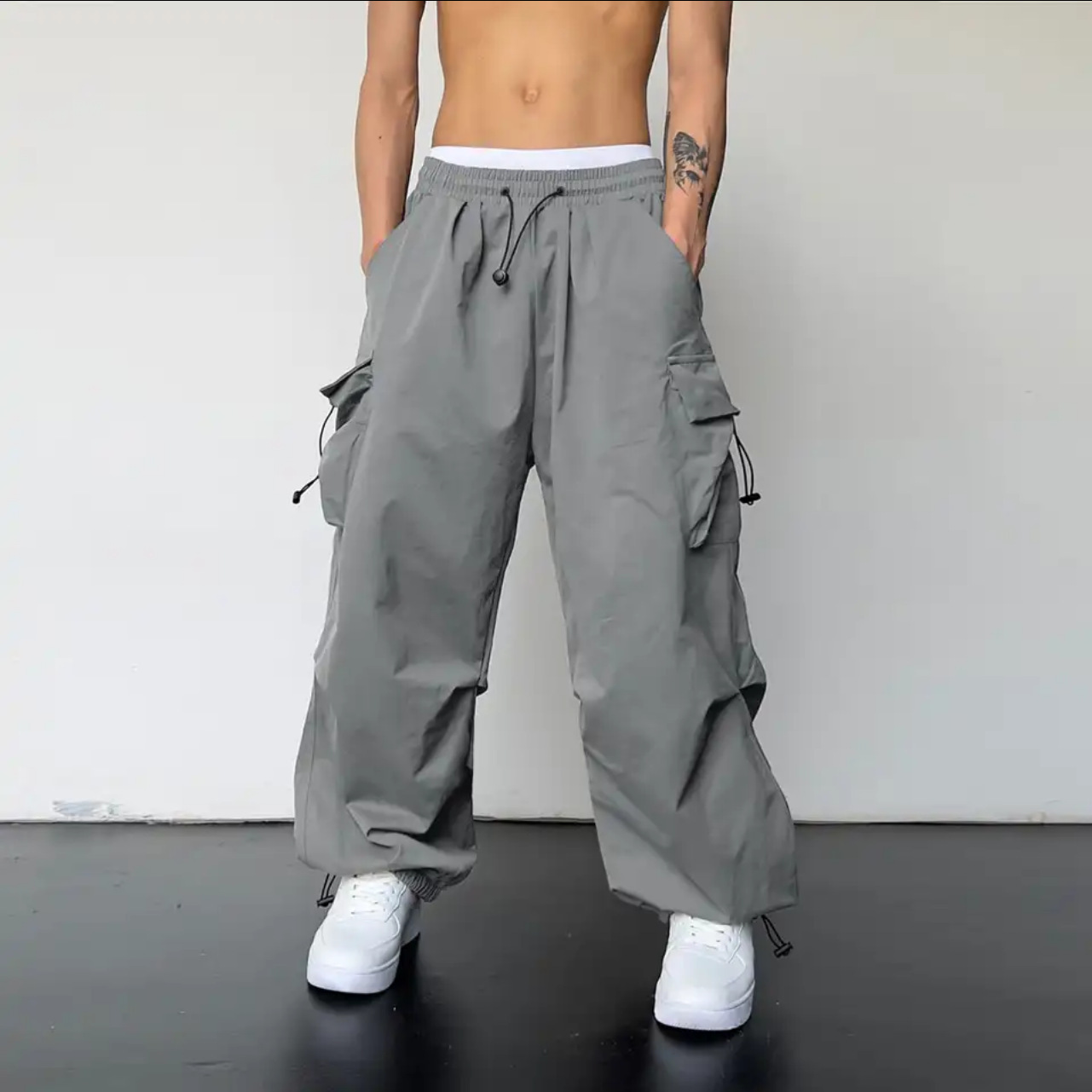 Tie Mens Cargo Pants Solid Bunched Feet Sports Trousers Hat Woven Pocket Foot Rope Pants Street Cargo Casual Trousers For Male