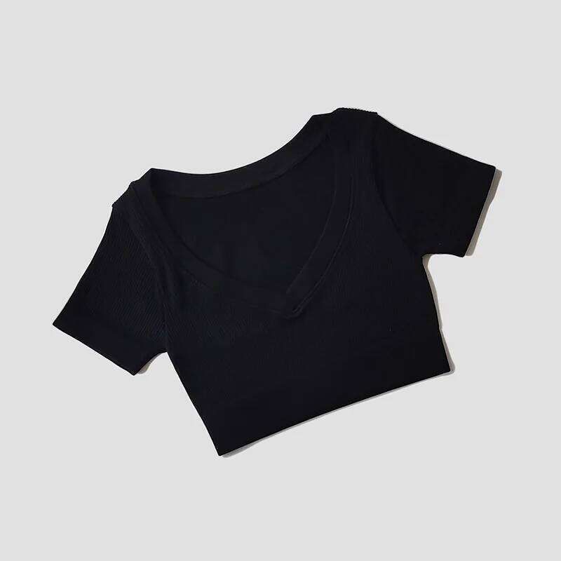Women's Seamless Tops Short Sleeve Deep V Neck Fitness Crop Top Women Yoga Shirts Sportswear Gym Clothes 25T1226