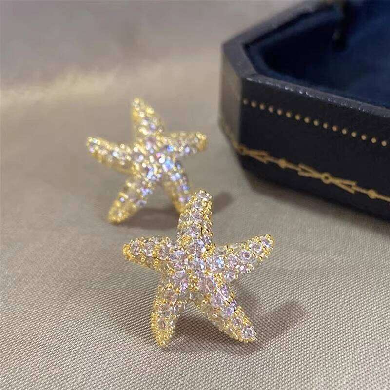 Huitan Exquisite Gold Color Star Stud Earrings Statement Accessories for Women Bling Cubic Zirconia Fashion Versatile Jewelry 25H1226