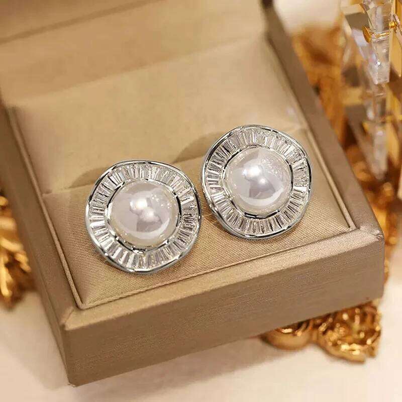 Huitan Irregular Round Shaped Simulated Pearl Stud Women Silver Color Modern Lady's Daily Wear Earrings Fashion Jewelry
