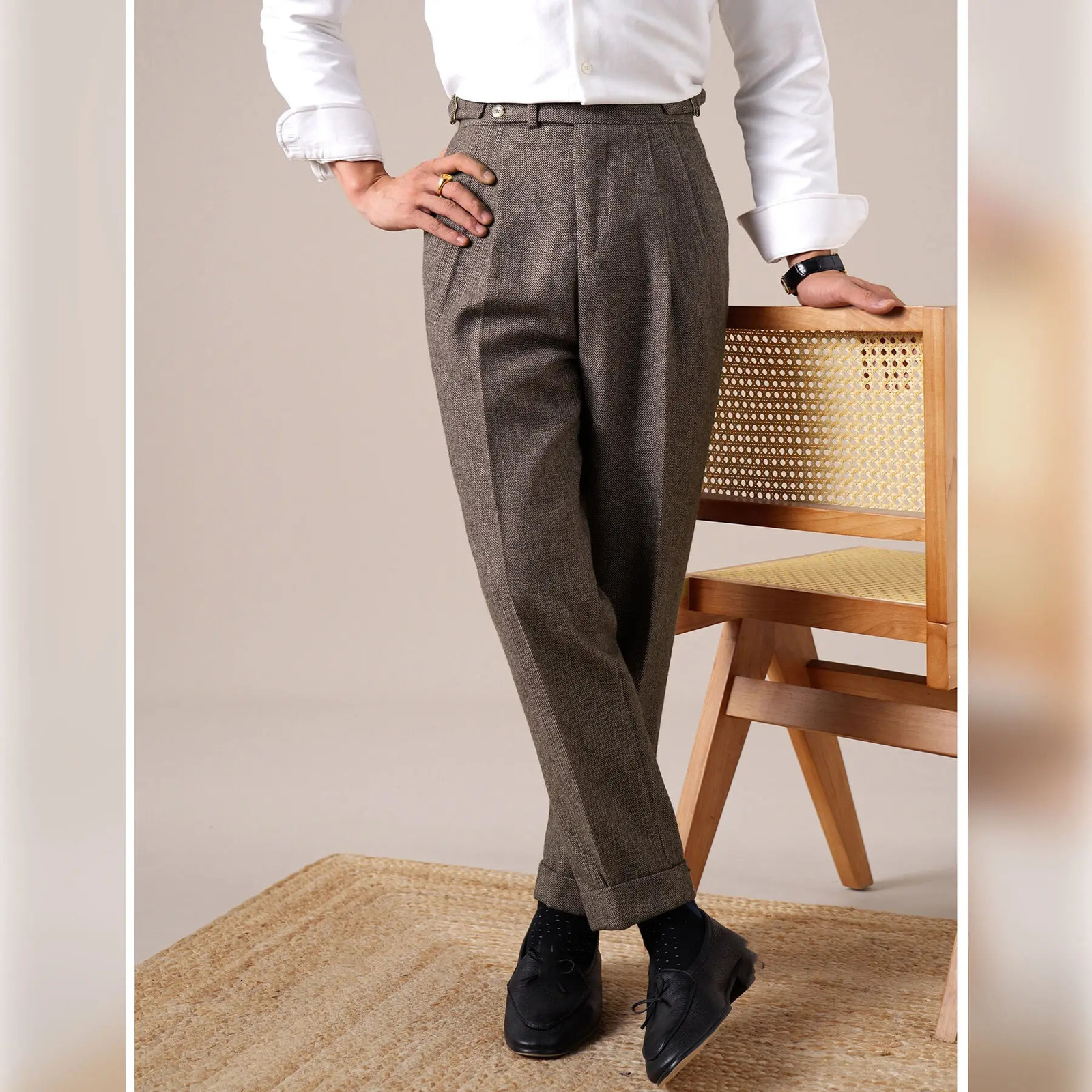 Autumn Herringbone Dress Pants For Men Naples Mens Wool Blend High Waist Social Casual Versatile Long Office Trousers 251226