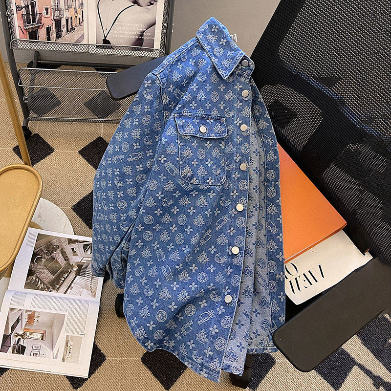 Womens Fashion Printed Jacquard Coats Autumn Winter Casual Long-Sleeved Jackets Loose Shirt Denim Jacket Coat Women