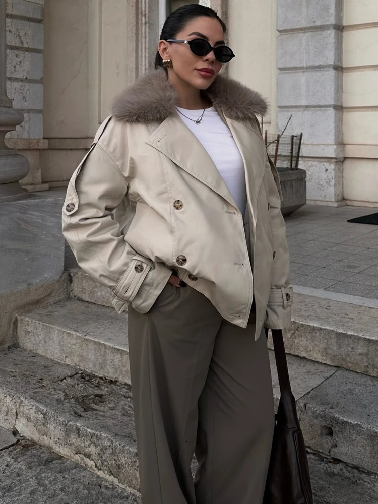 HH Fashion Women Faux Fur Short Trench Coat With Faux Fur Collar Female Winter Double Breasted Waterproof Windbreaker 251222