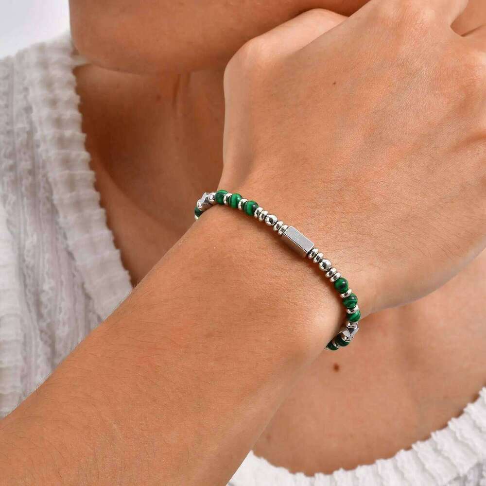 Crystal Wheel Beaded Bracelet for Men Boys,Stainless Steel Tube Natural Stone Wristband,Stylish Bohemian Jewelry Gift 25T1226