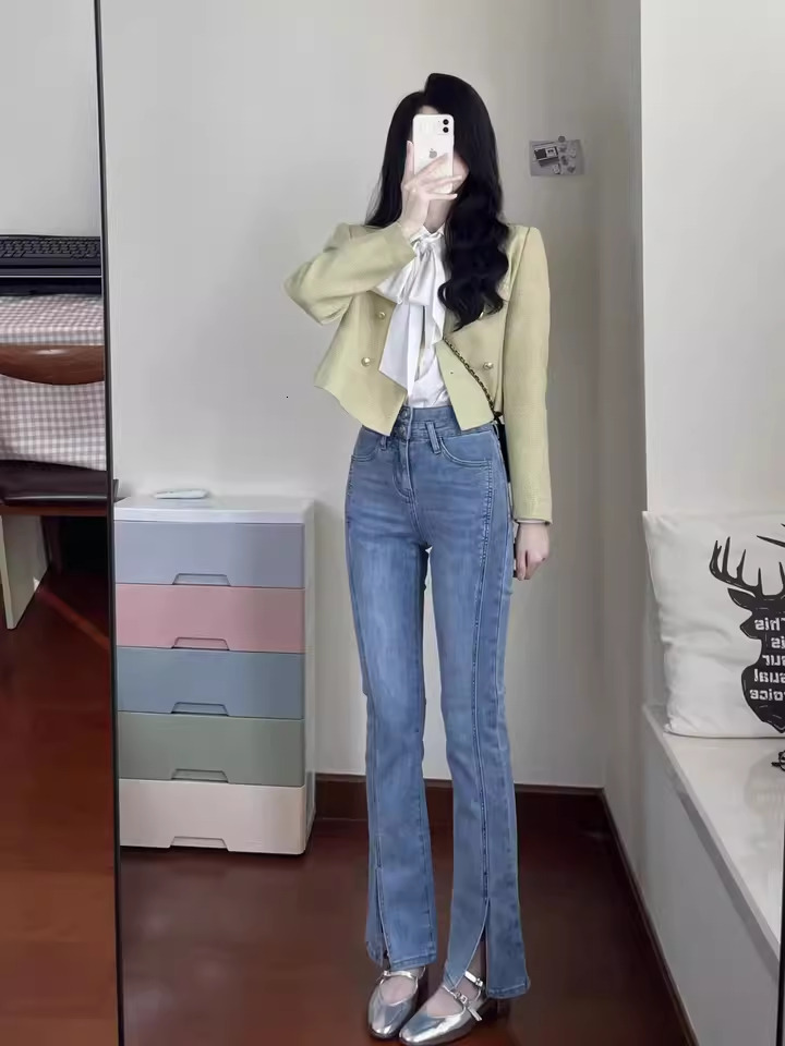 Cotton High Waist Flared Pants for Women 2024 Winter New Design Style Split Versatile Jeans Chic Trouser ddmysept