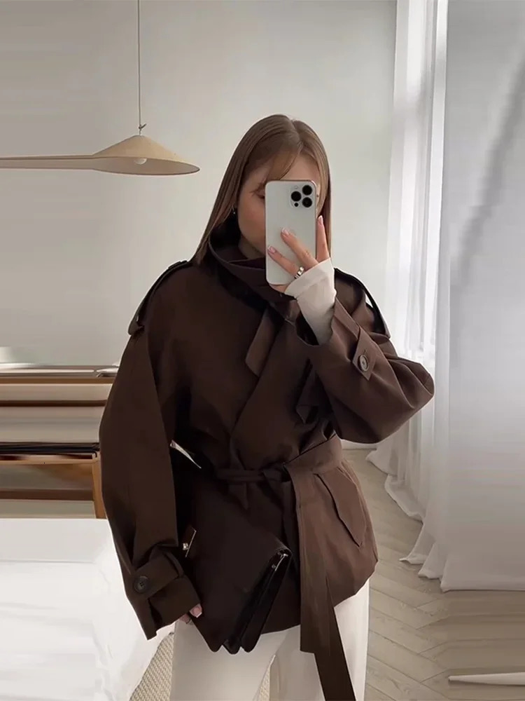Autumn Lace Up Trench Coat Women Apricot Loose Large Lapel Long Sleeves Short Windbreaker Chic High Street Lady Outerwear 251222
