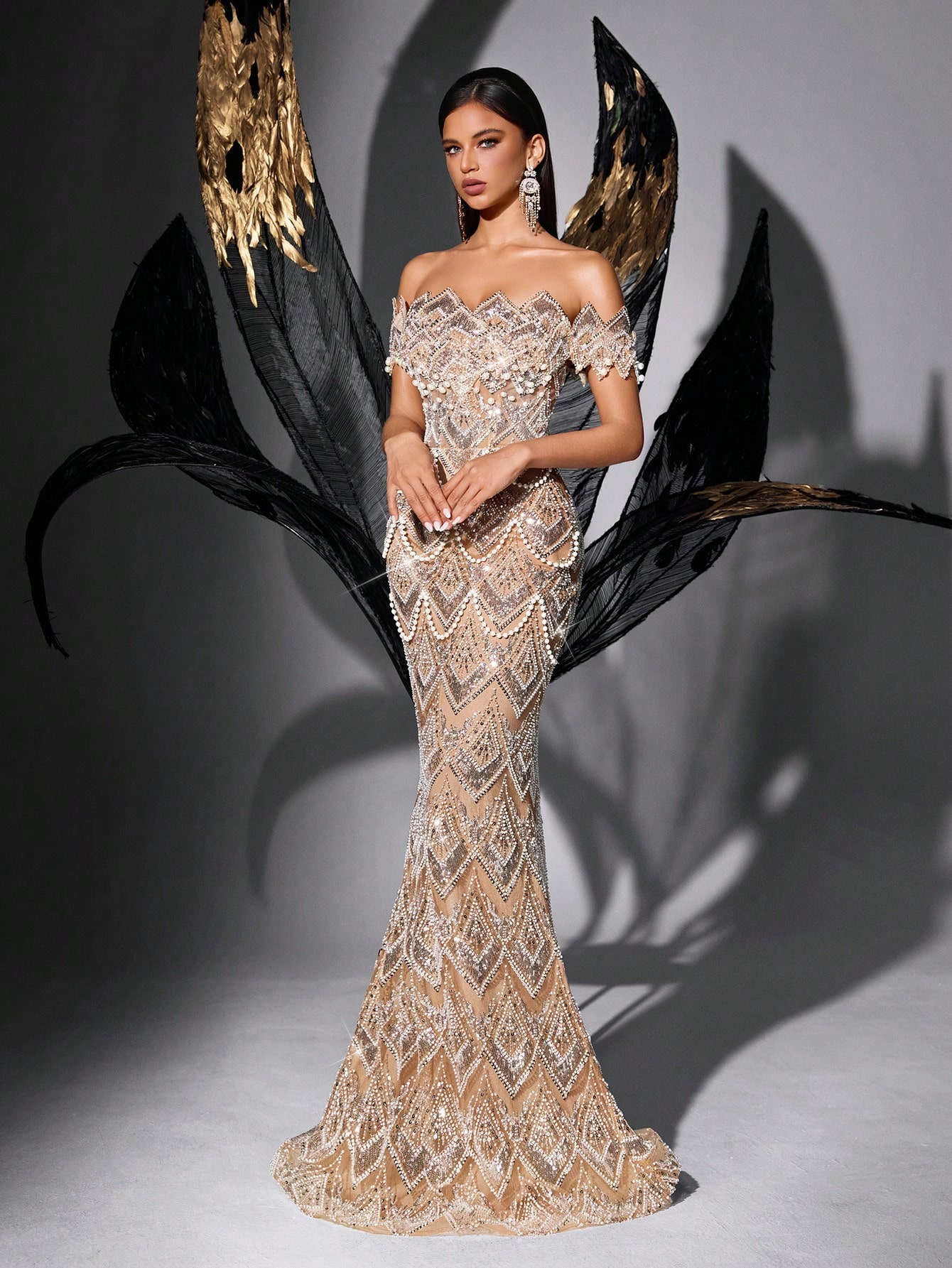 Fashion Off Shoulder Evening Dresses Sequins Beading Pearls Prom Dress Backless Customized Mermaid Party Gowns Vestidos De Noche Plus Size