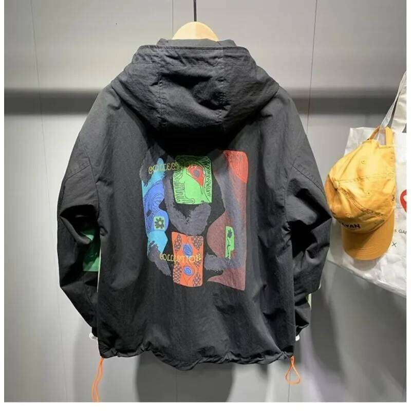 Men's Clothing Trendy Print Patchwork Pocket Zipper Hooded Jacket Spring Autumn Vintage Casual Streetwear Long Sleeve Loose Coat