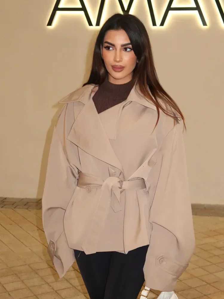 Chic Women Lapel V-neck Belt Trench Coat Casual Lace Up Button Short Thin Windbreak 2026 Spring New Lady Daily Street OuterwearsT251226