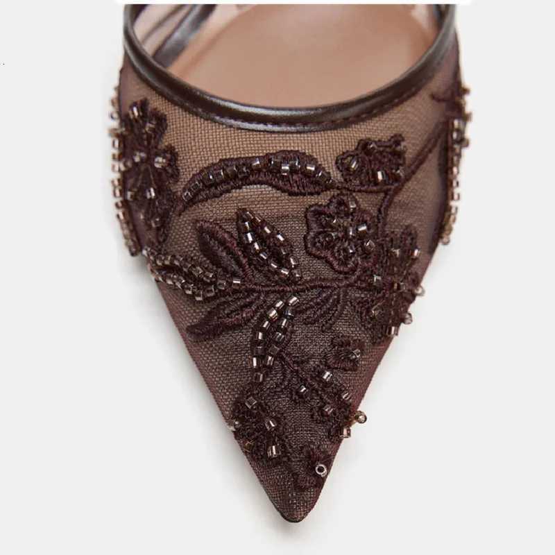 String Beads Flower Decoration High Heels Women Sexy Mesh Pointed Toe Womens Pumps Elegant Party Dress Heeled Sandals Z251226
