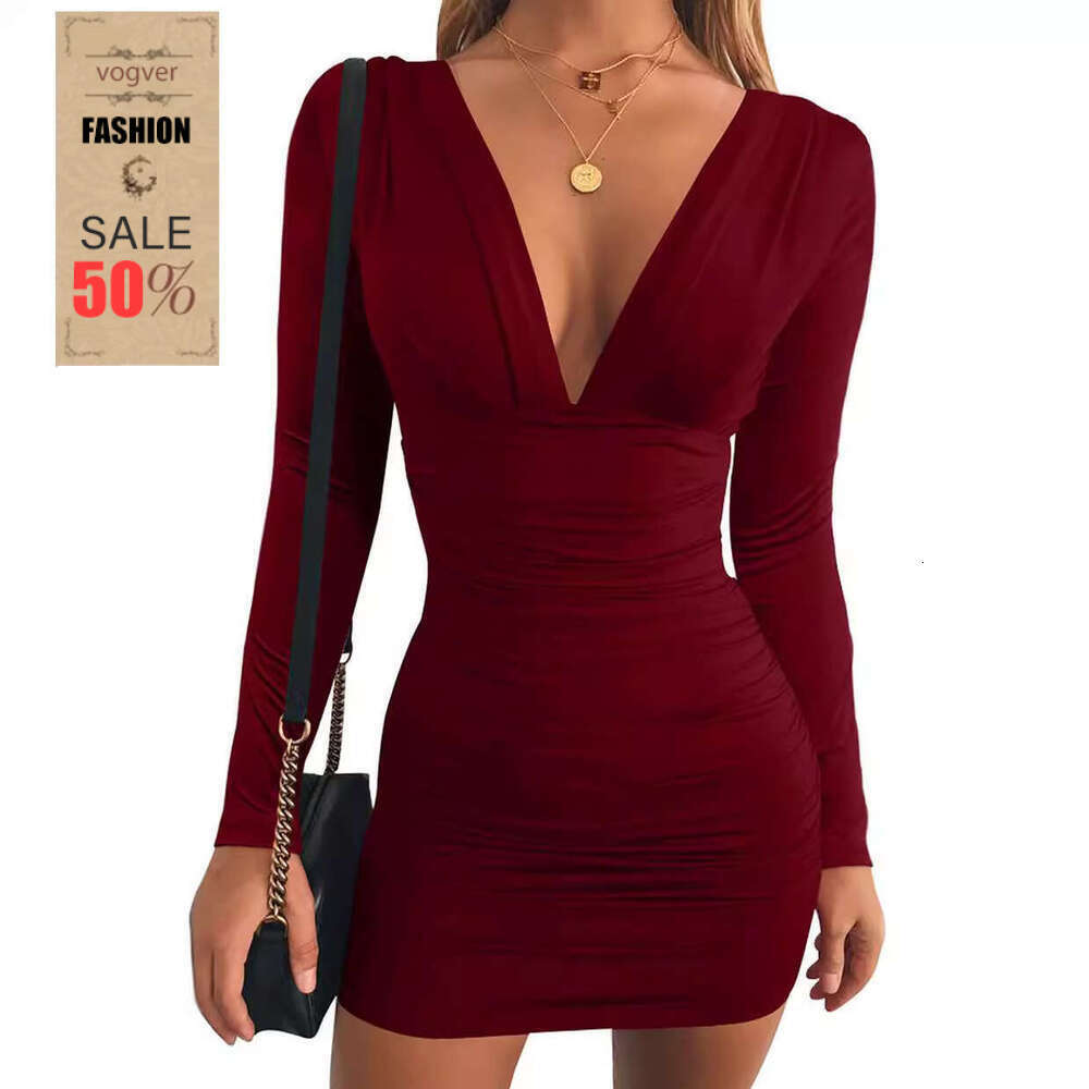 Dress for Women European American Style V-Neck Sexy Long Sleeve Solid Color High Waist Bodycon Mini Dress Casual Dating Party Wear