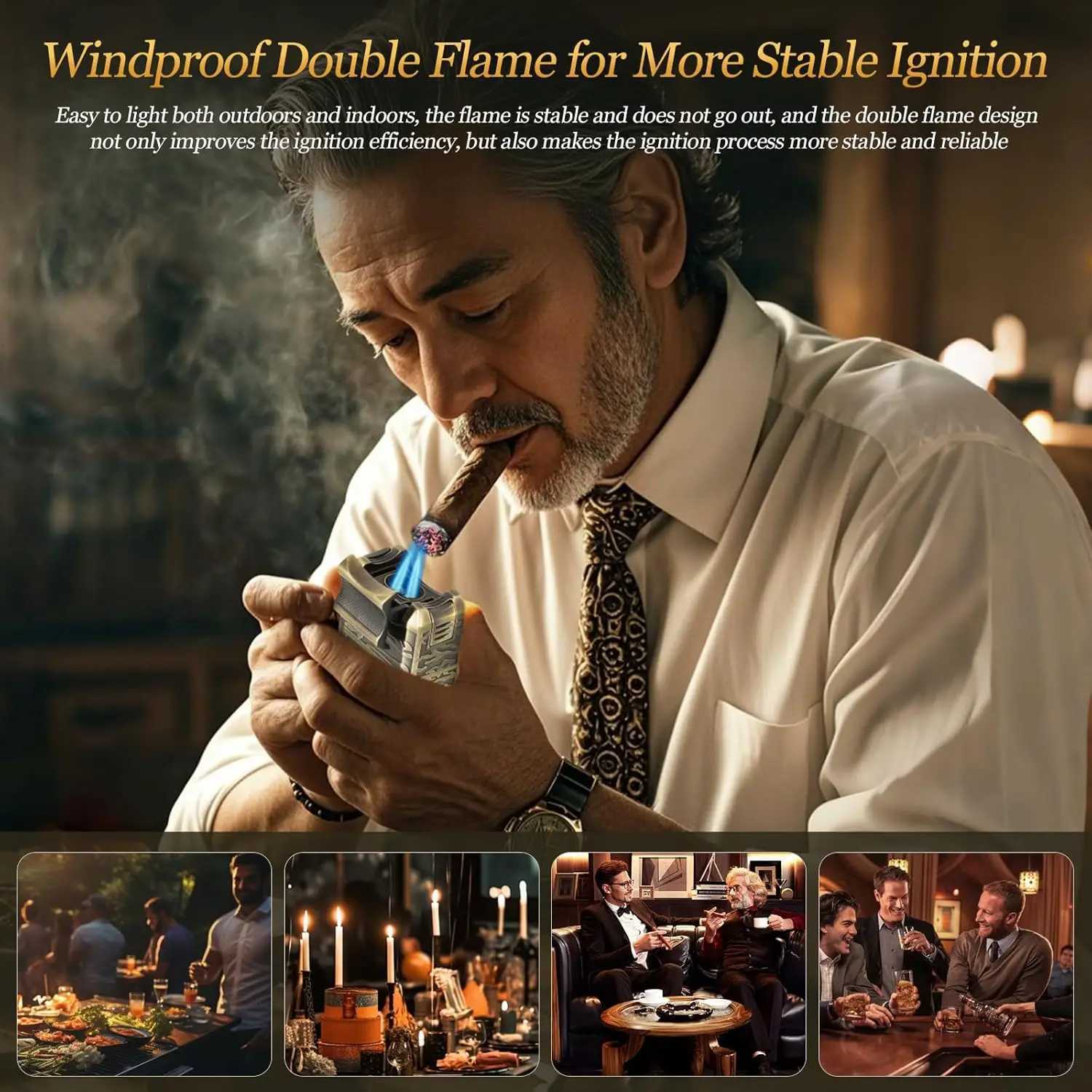 Cigar Lighter 7-in-1 Cigar Lighter Dual-Flame Windproof Built-in Dual Punch V-Cut Flat Cut Cigar Holder No Butane Y251218