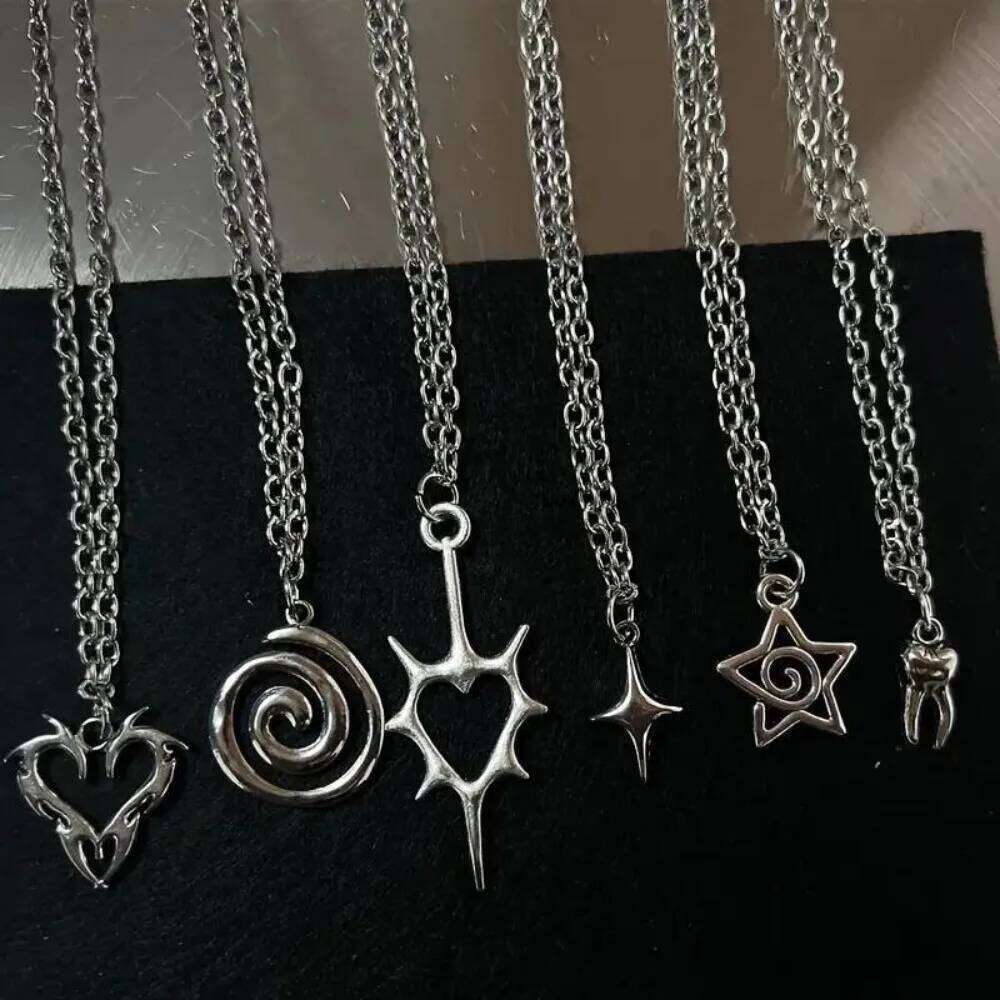 Retro Gothic Irregular Geometry Vortex Heart Star Teeth Pendant Necklace for Men Women Fashion Punk Metal Chain Jewelry Gifts 25N1226