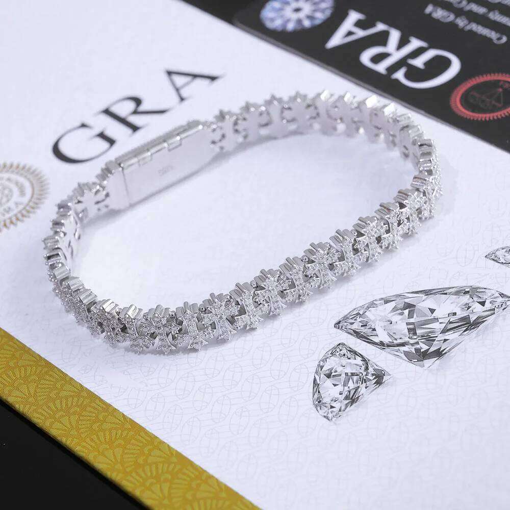 jewelry 925 Silver VVS Moissanite Bracelet 8MM Iced Out Snowflake Cross Chain Pass GRA Diamond Test In Stock