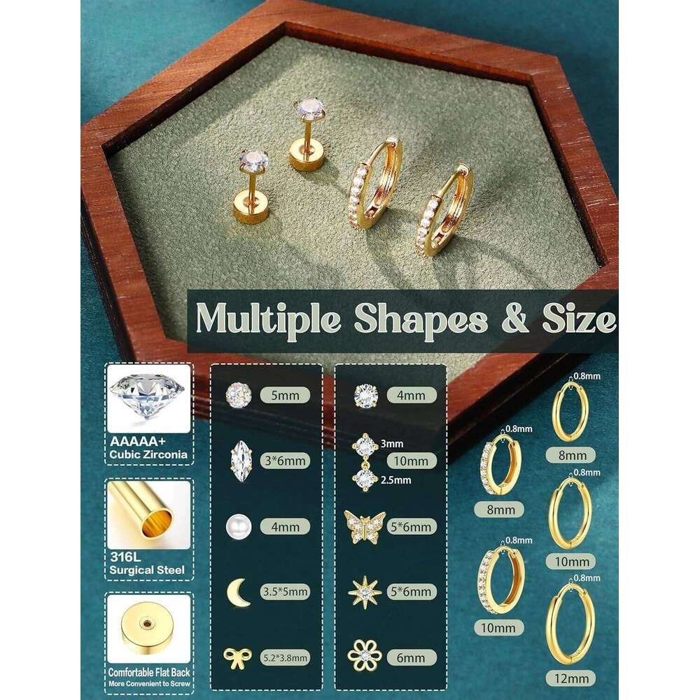 Bobisty 1 Pair 14K Gold Plated Flat Back Stud Hoops Earrings for Women Men CZ Stainless Steel Cute Cartilage Piercing Jewelry 25H1226